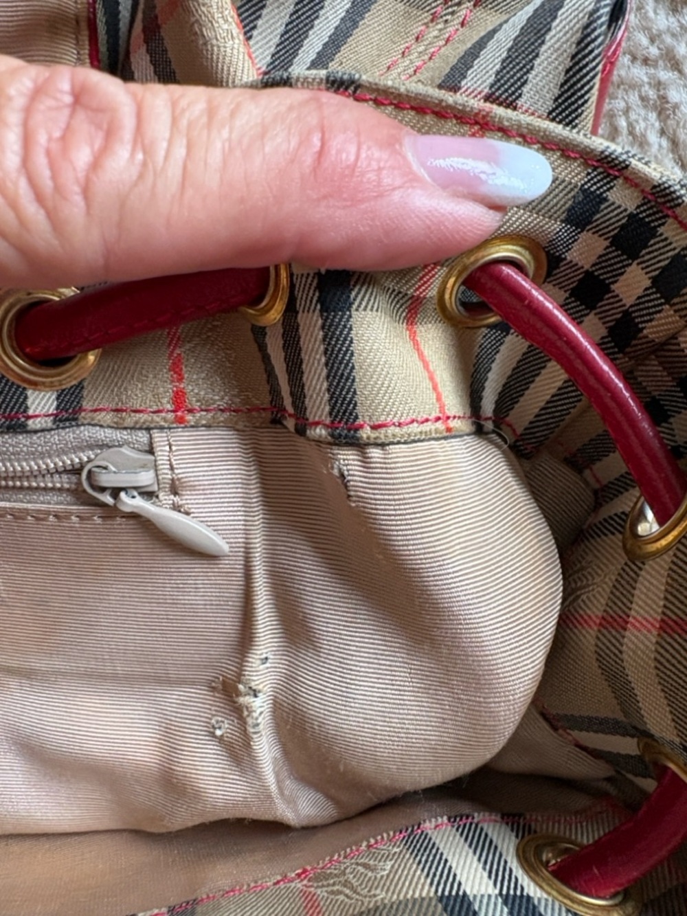 Burberry Red Nova Check Leather-Trim Vintage Check Backpack. - Picture 10 of 10